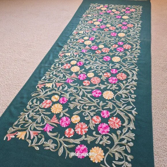 Green "Cashmere" Scarf with Chain Stitch Embroidery Flowers and Leaves - Picture 6 of 16